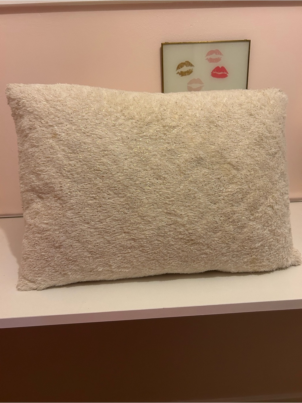 Cream Faux Fur Decorative Pillow with Gold Sparkle